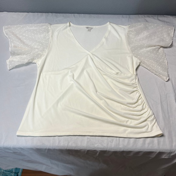 Cato XL White Surplice Blouse Wrapped Swiss Dot Flutter Sleeve Ruched Top Fairy - Picture 7 of 11